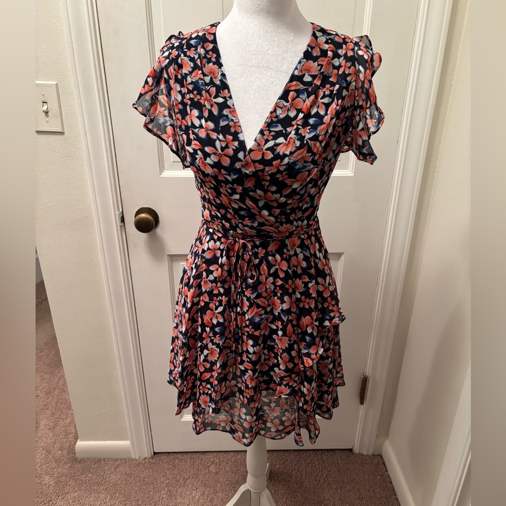 Tommy Hilfiger Navy and Coral Floral Wrap Around Style Dress